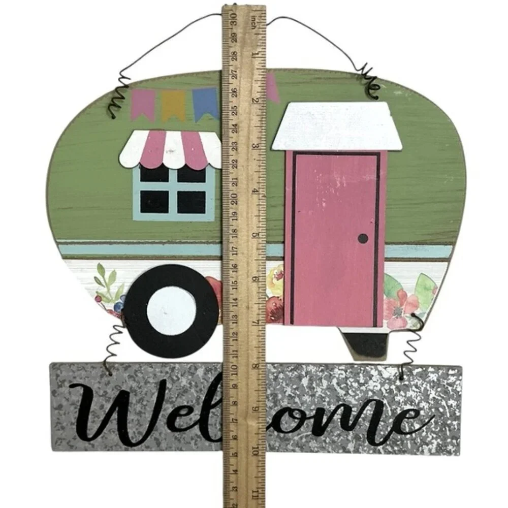 Camper Welcome Sign Colorful Wall Decor Retro Green Pink